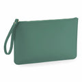 Introducing the Bagbase BG750 wristlet pouch, featuring a sleek teal design with a zipper closure and a convenient looped strap on the side. It boasts a smooth texture for added elegance.