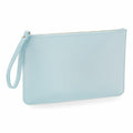 Bagbase's BG750 is a light blue clutch purse featuring a wrist strap and zipper closure.