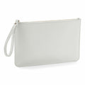 Introducing the Bagbase BG750: a minimalist clutch in light grey with a textured surface and a convenient wrist strap on the side. It features a straightforward rectangular design and is equipped with a secure zip closure at the top.