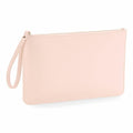 A pale pink clutch from Bagbase, model BG750, is shown against a white background. It features a wrist strap, a simple rectangular design, and a zippered closure at the top.