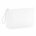 A Bagbase BG750 wristlet pouch, featuring a plain white rectangular design with a zipper closure and a small wrist strap attached at one corner, is displayed against a white background.