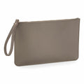 The Bagbase BG750 is a sleek taupe leather clutch featuring a wrist strap and a gold zipper. Its minimalist design offers a refined and elegant look, making it perfect for carrying essentials.