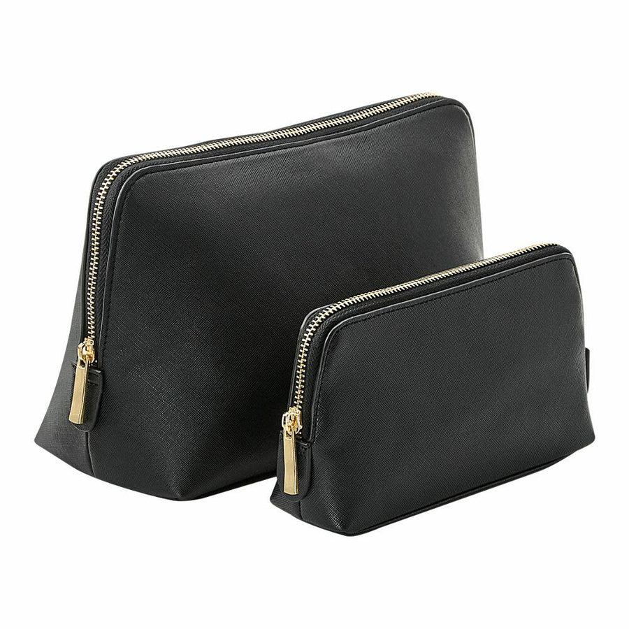 Two Bagbase BG751 black zippered pouches, featuring gold zippers, with one larger than the other and standing upright.