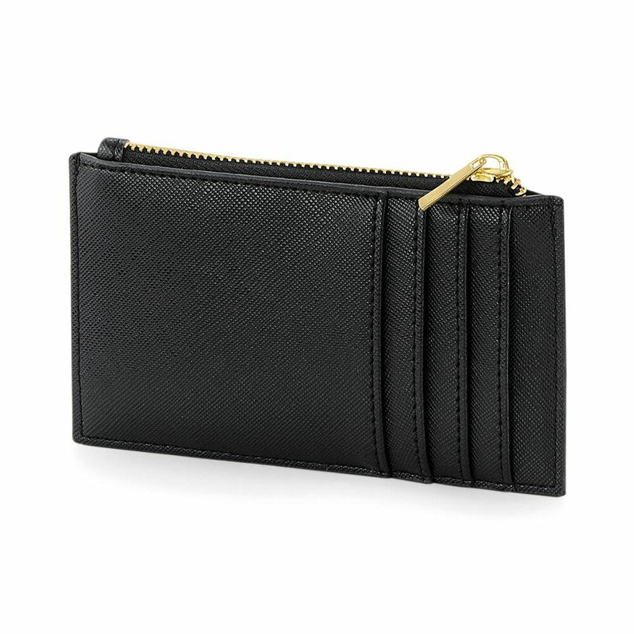 A Bagbase BG754 card holder in black leather, featuring a gold zipper and several card slots on one side.