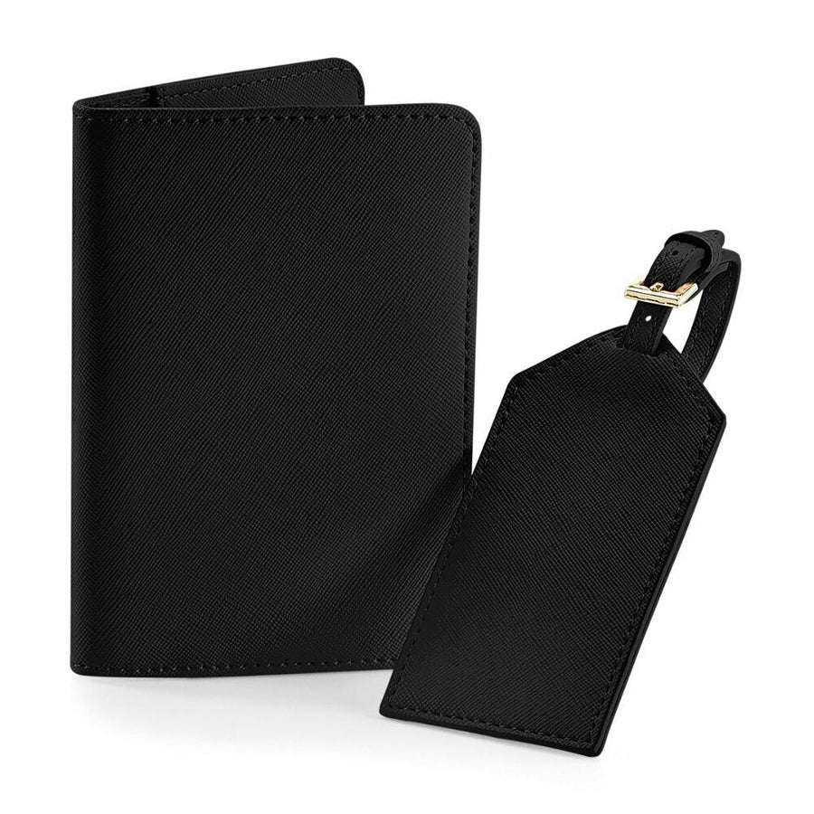 Bagbase BG755 black leather passport holder paired with a matching luggage tag displayed against a white background.
