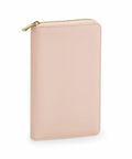 The Bagbase BG757 is a beige zippered leather wallet standing upright on a white background, featuring a sleek and minimalist design with a gold zipper.