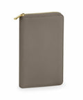 A Bagbase BG757 wallet in gray with a textured finish, featuring a gold zipper and sleek design, is standing vertically against a white background.