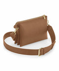 Bagbase's BG759 is a brown leather crossbody purse featuring a wide adjustable strap and gold-toned hardware. It includes zippered compartments, a textured finish, and an accordion-like expandable design for extra storage.