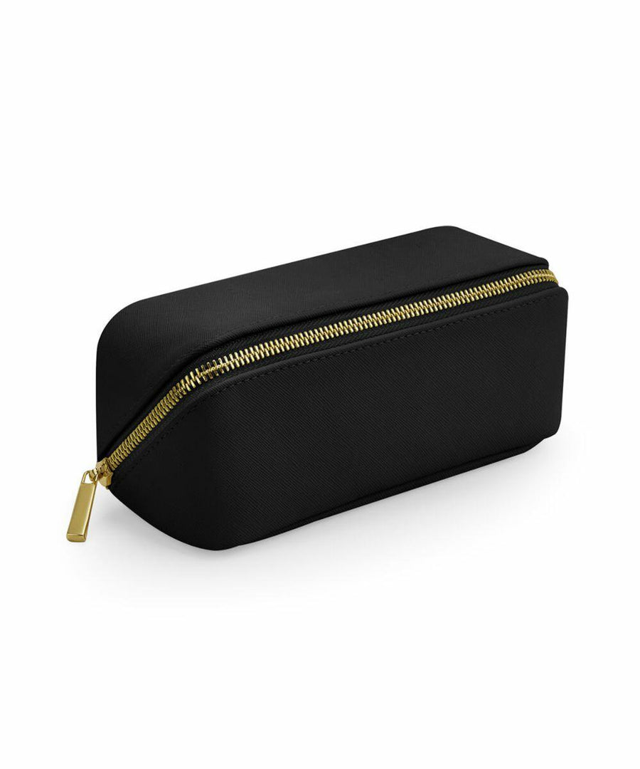 The Bagbase BG761, a rectangular black pouch with a gold zipper, is positioned against a white background.