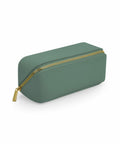 The Bagbase BG761 is presented in a green hue with a gold zipper. It features smooth, rounded edges and sports a minimalist design. The slightly open zipper reveals the interior fabric of the pencil case, which is displayed against a plain white background.