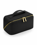 Introducing the Bagbase BG762, a black rectangular toiletry bag featuring a gold zipper and a convenient handle on top.