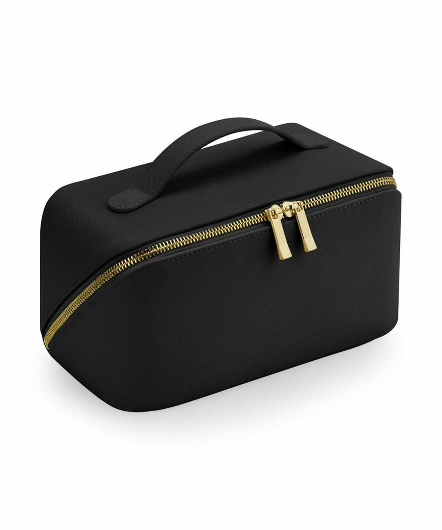 Introducing the Bagbase BG762, a black rectangular toiletry bag featuring a gold zipper and a convenient handle on top.