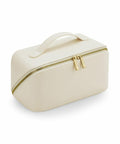 Introducing the Bagbase BG762 toiletry bag. It features a beige rectangular design with a top handle and elegant gold dual zippers. Crafted with simplicity in mind, it boasts a smooth fabric finish for a sophisticated look.