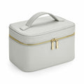A light gray rectangular bag from Bagbase, model BG763, features a top handle, a gold zipper, and two zipper pulls.