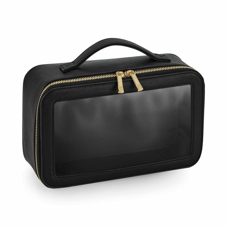 Bagbase's BG764 is a black rectangular travel case featuring a handle, gold zipper, and clear front panel.