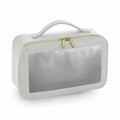 Bagbase's BG764 is a white rectangular travel bag with a transparent front, gold zipper, and a handle on top.