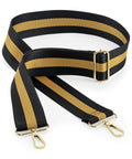 A Bagbase BG765 is displayed, featuring a black strap with wide gold stripes and gold clasps, extended on a white background.