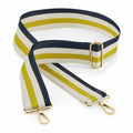 Introducing the Bagbase BG765: A detachable bag strap featuring green, white, and dark blue stripes with gold metal clips and an adjustable buckle.