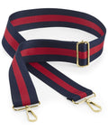 The BG765 by Bagbase is a blue and red striped shoulder strap featuring gold buckles and clasps, designed for bags.