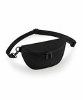 Image of the Bagbase BG766 black waist bag featuring a zipper and adjustable strap, displayed against a white background.