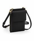 A Bagbase crossbody bag, model BG767, featuring a gold zipper, flap closure, and adjustable strap in black is displayed against a plain background.