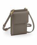 Introducing the BG767 by Bagbase: a chic beige crossbody bag featuring gold hardware and an adjustable strap. This bag boasts a front flap and a sophisticated, minimalist design.