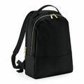 A Bagbase BG768 backpack featuring black material, gold zippers, and adjustable straps is displayed against a white background.