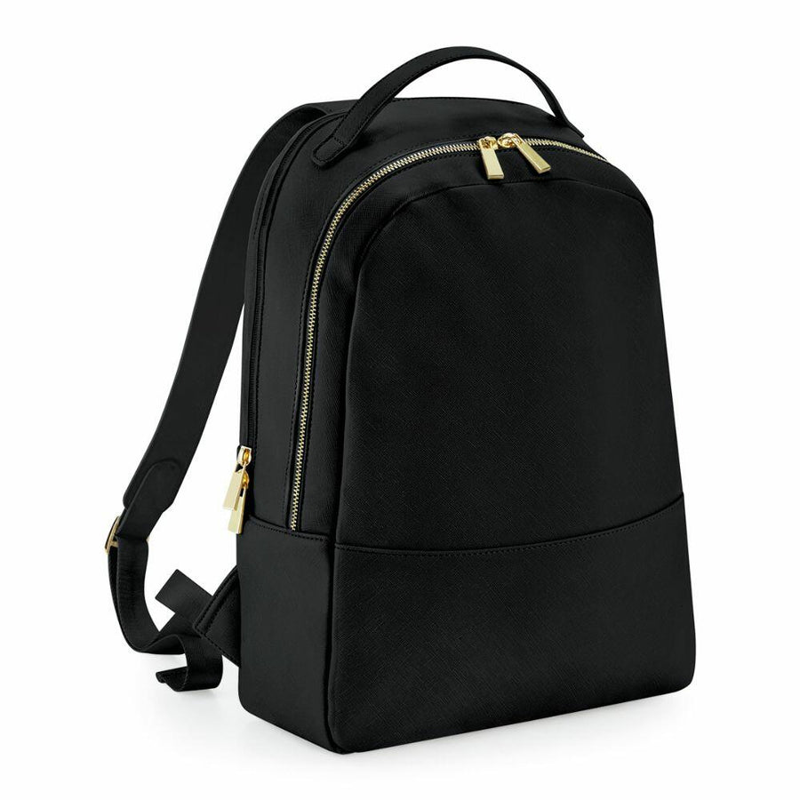 A Bagbase BG768 backpack featuring black material, gold zippers, and adjustable straps is displayed against a white background.