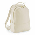 Bagbase's BG768 backpack in cream, featuring gold zippers, adjustable straps, and a top handle, showcased against a plain white background.