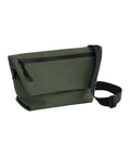 A green Bags crossbody bag with a black adjustable strap and a zipped front pocket, shown against a white background.