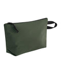 A minimalist olive green Bags pouch features a black zip and a black loop handle on one side, shown against a plain white background.