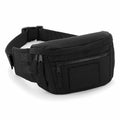 The BG842 waist bag from Bagbase, featuring a black design with multiple zippered compartments and an adjustable strap.
