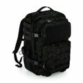 The Bagbase BG850 is a tactical backpack in camouflage, offering multiple compartments, zippers, and side straps.