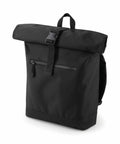 The Bagbase BG855 is a roll-top backpack in black, featuring a front zipper pocket and a buckle closure.