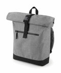 Introducing the Bagbase BG855, a stylish gray roll-top backpack with a black base and buckle closure, featuring a convenient front zip pocket.