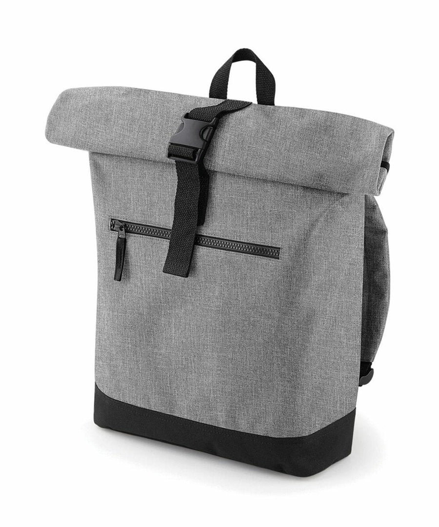 Introducing the Bagbase BG855, a stylish gray roll-top backpack with a black base and buckle closure, featuring a convenient front zip pocket.