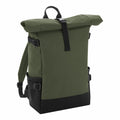 The BG858 by Bagbase is a roll-top backpack featuring a minimalist and versatile design in green and black. It has adjustable shoulder straps, side pockets, and a front buckle closure, making it ideal for everyday use or outdoor activities.