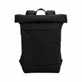 A Bagbase BG870 roll-top backpack featuring adjustable shoulder straps and a minimalist black design, displayed against a white background.