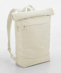 A minimalist, cream-colored backpack with a roll-top closure. It features a front zipper pocket and adjustable shoulder straps. The design is sleek and simple, giving a modern, utilitarian appearance. The background is plain white, emphasizing the BG870 from Bagbase's details.