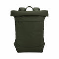 A Bagbase BG870 is a green roll-top backpack featuring adjustable shoulder straps and a sleek, minimalist design. It includes a front-facing section with seams and a top handle, set against a plain white background.