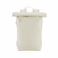 A plain, light beige Bagbase BG871 backpack featuring a roll-top design and a front zippered pocket.