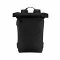 The Bagbase BG871 is a plain black backpack with a rolled top and zip closure, featuring adjustable shoulder straps and a handle on top.