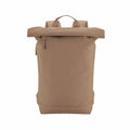 BG871, a tan, minimalist backpack by Bagbase, features a roll-top closure and a front zipper pocket, displayed upright against a white background.