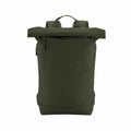 Introducing the Bagbase BG871: a minimalist and sleek dark green backpack featuring a roll-top closure and a convenient zipper pocket on the front. It includes two padded shoulder straps for comfortable carrying and a handy top carry handle.
