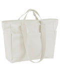 Bags: An off-white canvas tote featuring two short handles, two longer shoulder straps, exterior side pockets, and a roomy main compartment. The design is simple and unembellished.