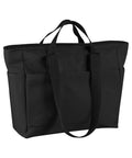 Bags: A plain black tote featuring two short handles, two long shoulder straps, and side pockets. The simple, unadorned design is showcased against a white background.