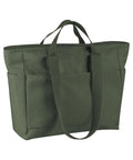 The Bags tote is a large, olive green canvas bag featuring two short handles, two long shoulder straps, two front exterior pockets, and a rectangular base.