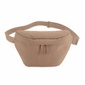 The BG875 by Bagbase is a brown fanny pack featuring an adjustable strap and a front zipper, showcased against a white background.