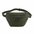 The Bagbase BG875 is a green waist bag featuring a sleek design, complete with an adjustable strap and a zippered main compartment. It is displayed flat on a white background.