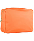 A rectangular orange bag with a smooth surface and gold-coloured zip, shown against a white background.